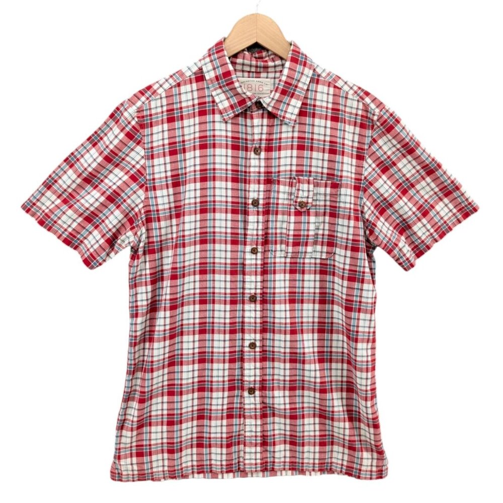 Remington Arms 1816 Shirt Mens Red White Plaid Short Sleeve Cotton Size M